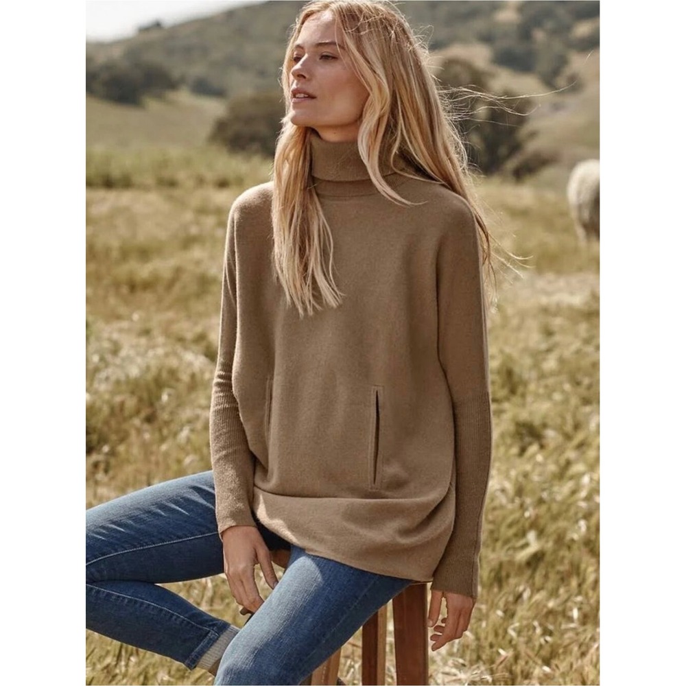 Garnet Hill Oversized Turtleneck Sweater Brown Wool Cashmere Pockets Women Large